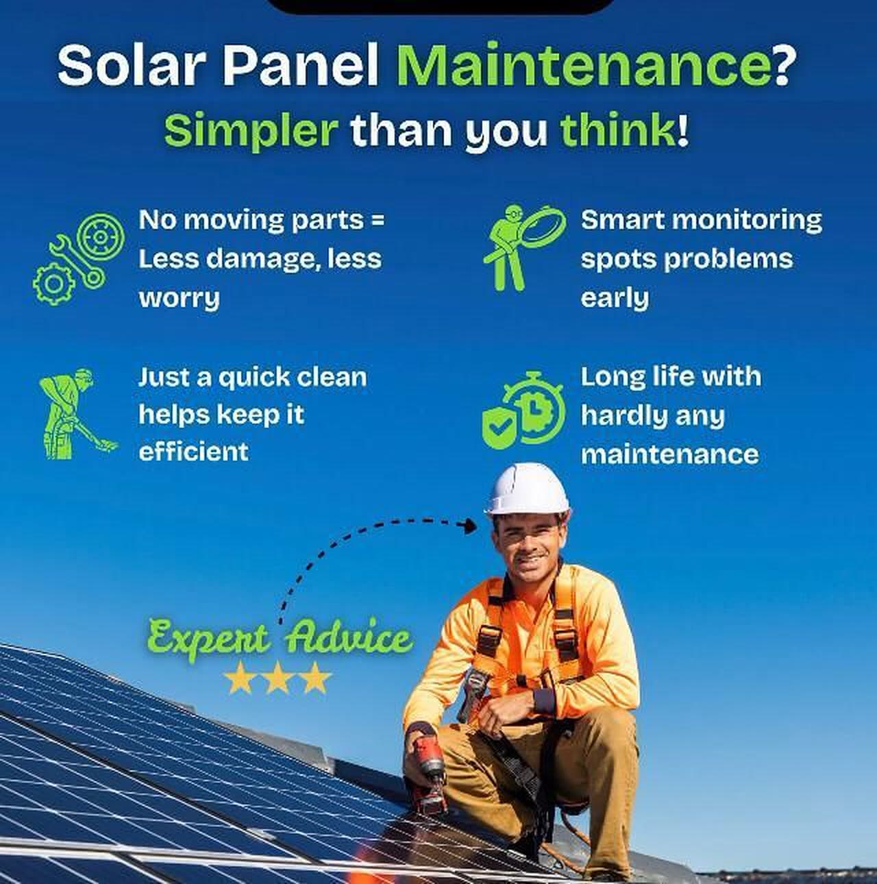 Solar panel maintenance is simple: no moving parts, quick cleaning, smart monitoring and long life.