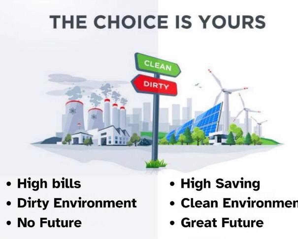 Clean energy means high savings, a clean environment and a great future, versus dirty energy's high bills and pollution.